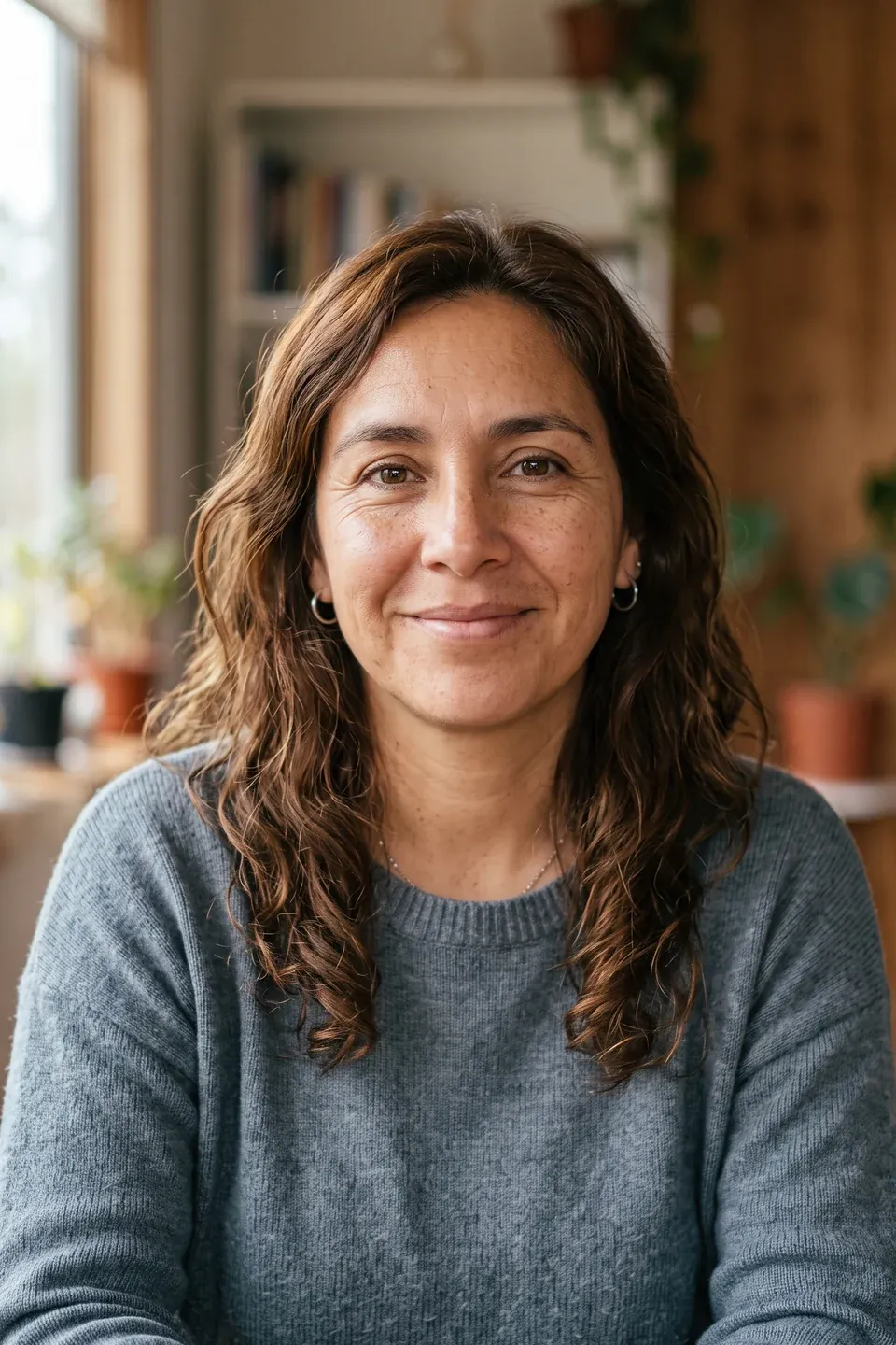 Imagen referencial: mujer sonriendo en el living de su casa