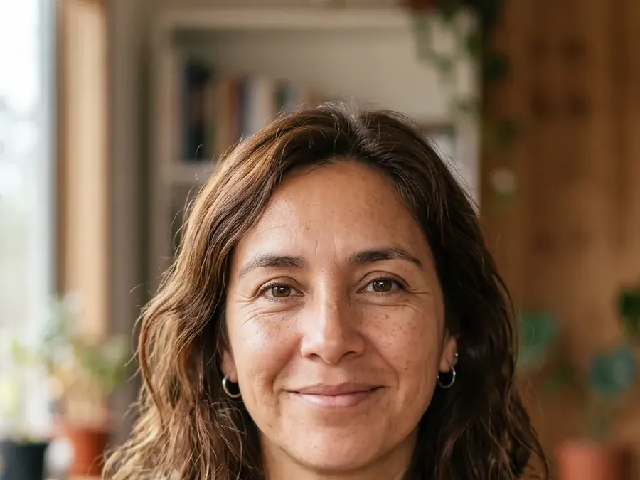 Imagen referencial: mujer sonriendo en el living de su casa