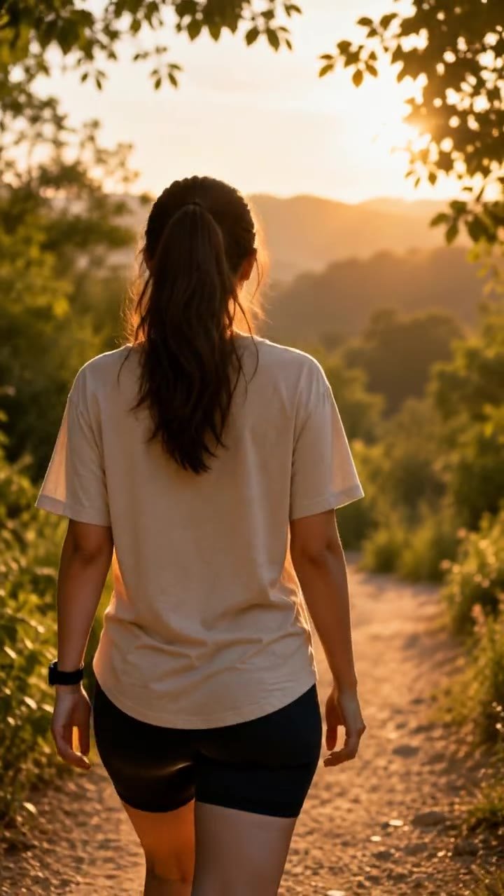Imagen referencial: mujer caminando por un sendero al atardecer